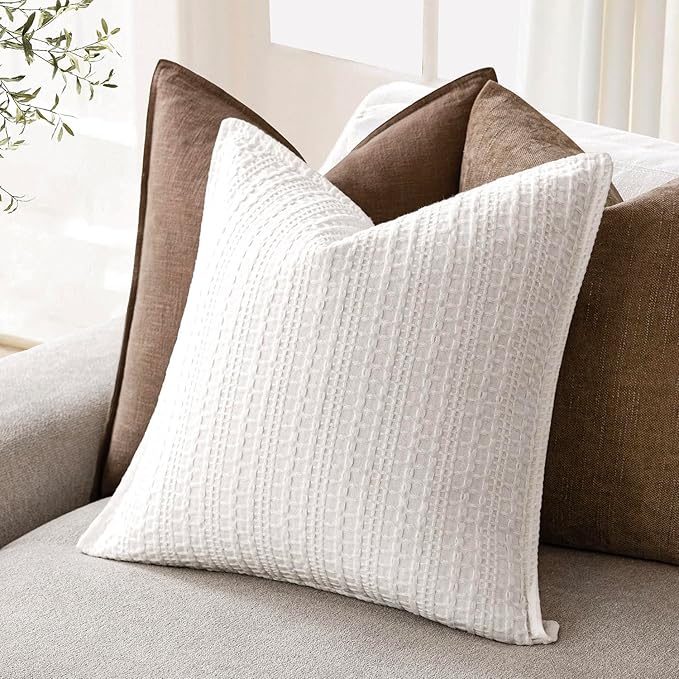 Foindtower Set of 2 Decorative Cotton Waffle Weave Throw Pillow Covers Euro Shams Cushion Covers Accent European Pillowcase for Bed Couch Sofa Bedroom Living Room Home Decor 26×26 Inch Cream White