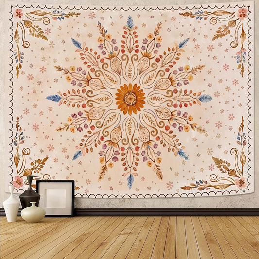 Fowocu Boho Floral Mandala Tapestry for Bedroom Aesthetic Watercolor Bohemian Flower Wall Tapestry Brown Beige Hippie Indian Small Tapestries Wall Hanging for Living Room Dorm Decor 40 x 30 Inch
