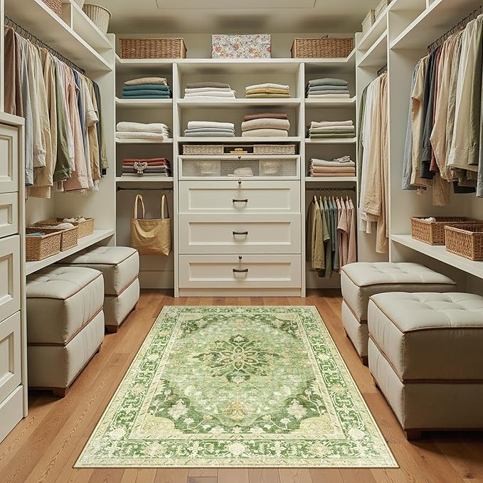 RELEANY Area Rugs 3'x5' Washable Non-Slip, Floral Vintage Distress Print Pattern Medallion Carpet for Living Room Bedroom Dining Room, Sage Green Yellow