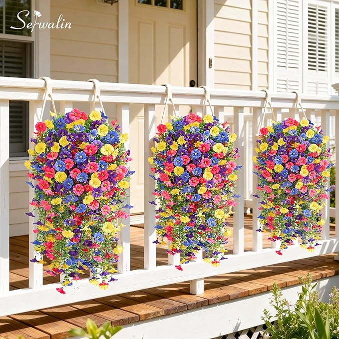Serwalin Artificial Hanging Flowers for Outdoors UV Resistant, 4PCS Faux Morning Glory Fake Outdoor Flowers Realistic Silk Flower Faux Plants for Outside Planter Front Door Porch Patio Yard Decor