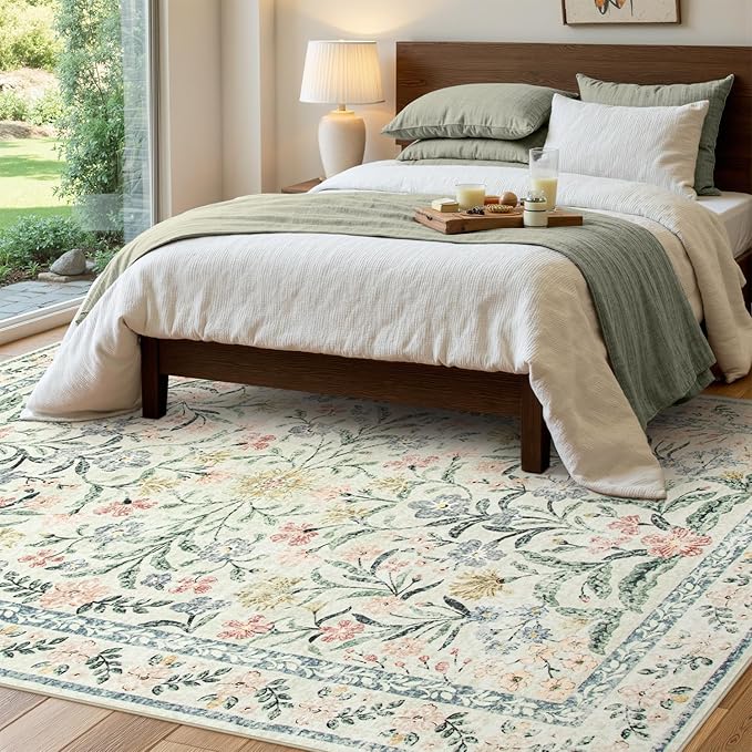 Wonnitar Washable 6x9 Area Rugs, Soft Floral Rug for Bedroom Kids Playroom Light Colored Carpet, Non Slip Ultra-Thin Indoor Beige Carpet for Living Room Classroom Office