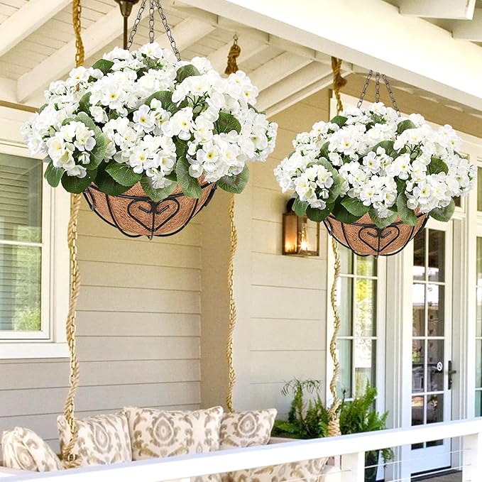 Waipfaru 2 Set Artificial Geraniums for Outdoors with Hanging Baskets, 12 Bundles UV Resistant Artificial Outdoor Plants, Fake White Flowers for Spring Front Porch Home Patio Balcony Yard Decor