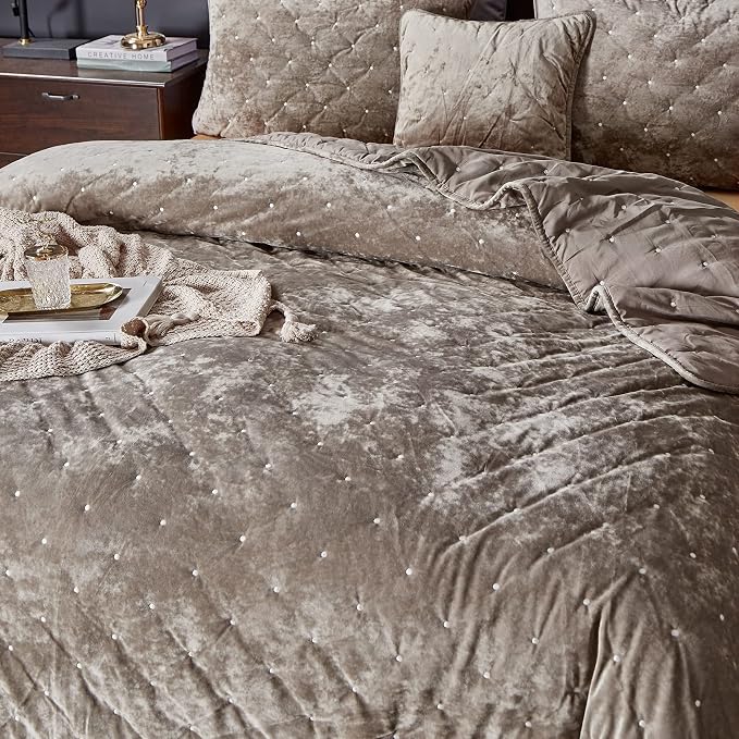 Tache Velvet Dreams Luxurious Velveteen Velour Super Soft Plush Warm Cozy Diamond Tufted Polka Dot Quilted Coverlet Tan Beige Neutral Bedspread Set, Full