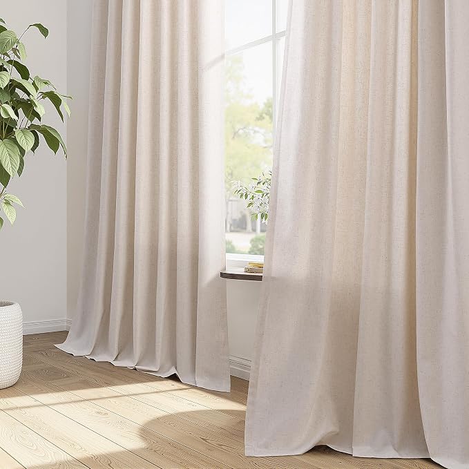 Cream Beige Pinch Pleated Linen Curtains 108 Inch Length 2 Panels Set for Living Room Bedroom Modern Farmhouse Country Privacy Light Filtering Semi Sheer Back Tab Drapes with Hooks for Nursery 40x108