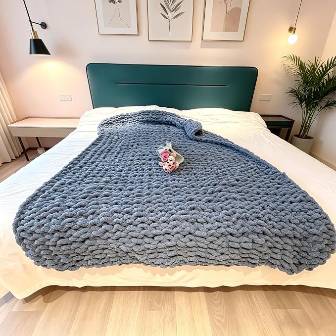 Soft Chunky Knit Throw Blanket for Couch, Cozy Warm Knitted Blankets | Hand Knit with Jumbo Chenille, Lightweight Warm Fluffy Decor for Women, Mom, Her & Girls, Sofa, Chair, Bed,40"×60"(Airy Blue)