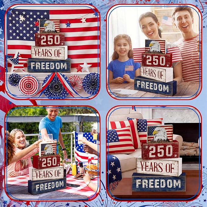 4 Pcs 250th Anniversary 4th of July Decorations USA Patriotic Memorial Day Tabletop Decorations Eagle Red White Blue Table Centerpieces American Flag Sign for Office Tiered Tray Home Shelf Party
