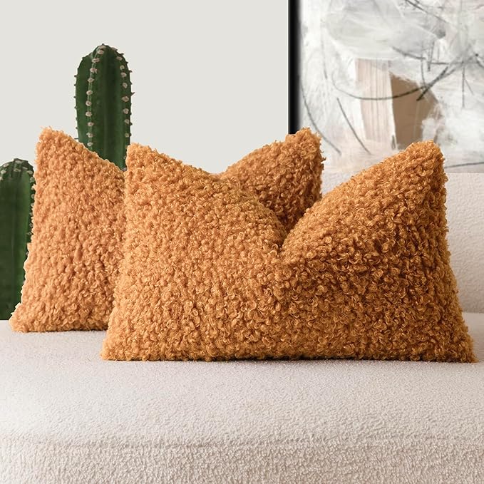 Foindtower Set of 2 Curly Teddy Wool Pillow Covers Decorative Boucle Textured Lumbar Throw Pillow Faux Fur Sherpa Pillowcases Sheepskin Fuzzy Cushion Case for Sofa Bedroom Car 12"x20" Orange