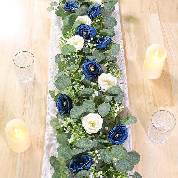 TOCHGREEN 2 Pack 13Ft Artificial Eucalyptus Flower Garland with White and Blue Roses, Fake Rose Flower Greenery Garland Floral Vines for Wedding Home Party Table Runner Decor (Blue White, 2PCS)