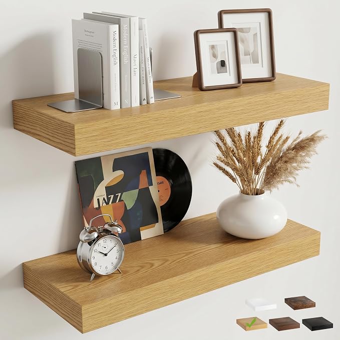 20 Inch Floating Shelves for Wall, 8"D Wood Storage Shelves, Oak Finish | Engineered Wood, Invisible Bracket, Large Storage, Easy Install, Hold Up to 33lbs, Living Room, Bathroom, Bedroom, Kitchen