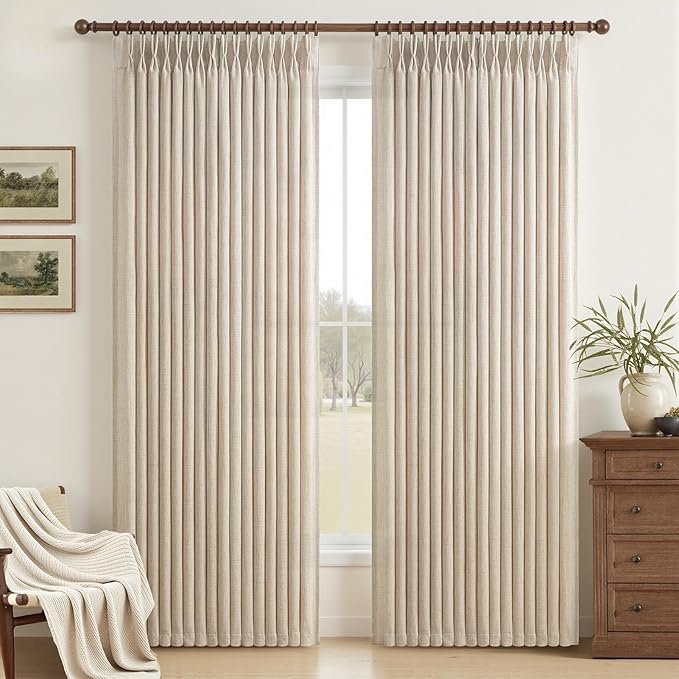 Extra Long 102 Inch Thick Natural Linen Curtains 2 Panels Set for Office, Memory Shape Pinch Pleated Semi Sheer Classroom Floor to Ceiling Curtain Light Filtering Privacy Elegant Drapes Windows Decor