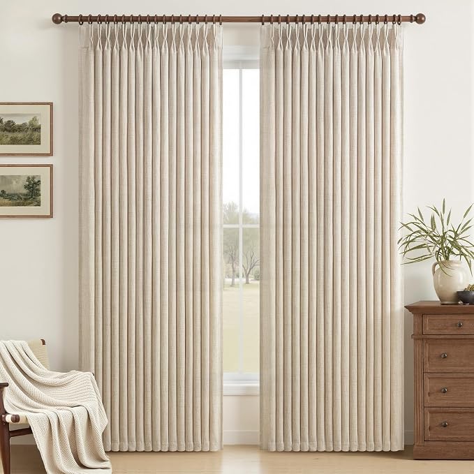 Natural Linen Pleated Curtains 86 Inches Long for Patio Sliding Glass Door, Memory Shape Light Filtering Semi Sheer Window Drapes Non See Through Rustic Curtain 50 Inch Wide 2 Panels Set with Back Tab