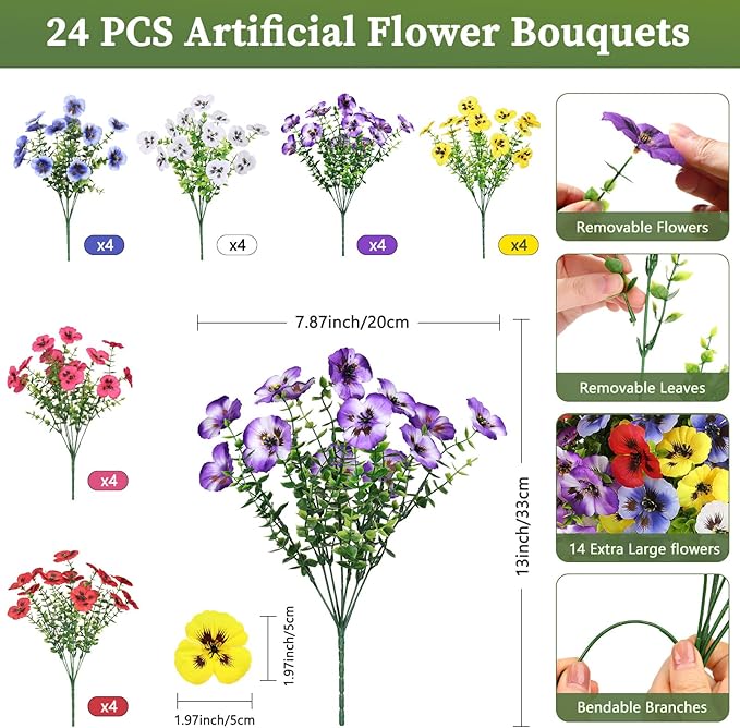 Alupssuc 24 Bundles Artificial Flowers for Outdoors, Fake Spring Flowers for Decoration, UV Resistant Realistic Pansies with Eucalyptus Silk Faux Flowers for Porch Patio Yard, 6 Mix Colors