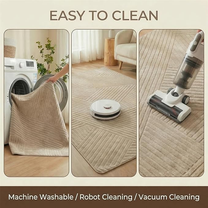 Brown 5x7 Solid Color Area Rugs – Washable Living Room Rug, Modern Geometric Non-Slip Indoor Carpet with Soft High-Low Pile, Fluffy Floor Rugs for Bedroom, Kids Room, Nursery, Home Décor