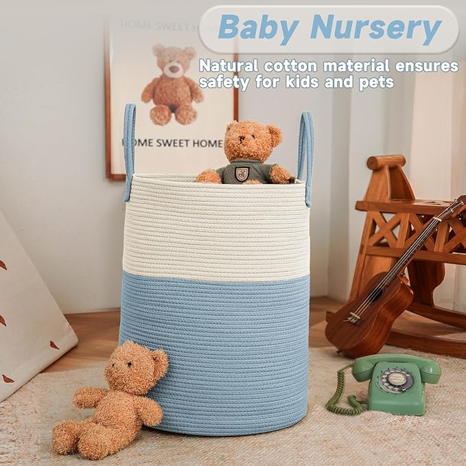 JMvicyroam Large Woven Laundry Basket Hamper,60L Cotton Rope Storage Bin for Blankets,Toys and Clothes,Decorative Tall Nursery Hamper for Living Room,Baby Nursery,Bathroom and Bedroom,White and Blue