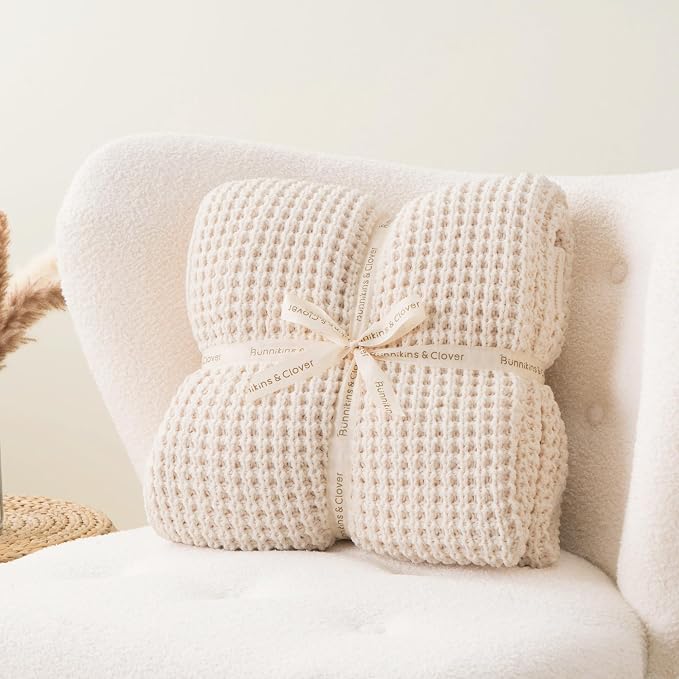 Bunnikins & Clover Cream White Throw Blanket for Couch, Waffle Ivory Throw Blanket for Bed, Warm Decorative White Blanket Throw for Home Decor, 60"x80"