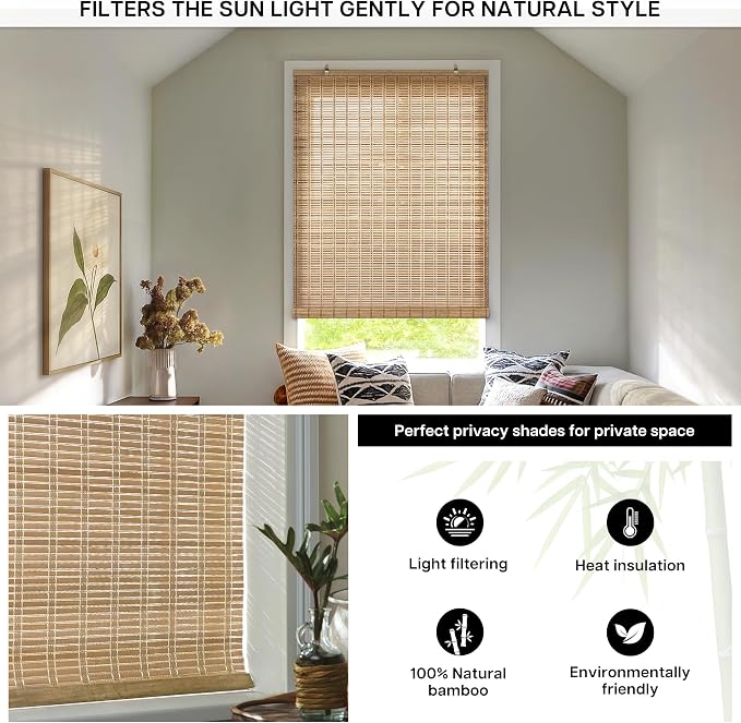 LazBlinds Cordless Bamboo Blinds, Bamboo Roll Up Shades for Windows, Light Filtering Hanging Window Blinds, Shades for Patio Indoor/Outdoor Porch, 43" W x 64" H, Brown206