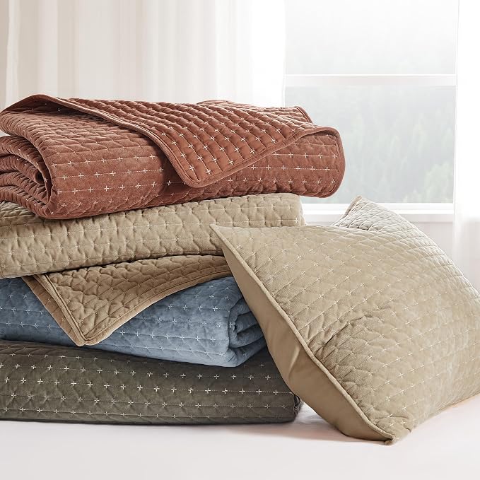Levtex Home - Velvet Stitch Quilt Set - Twin Quilt and One Standard Sham - Cross Stitch Velvet - Taupe with White - Quilt (68x86in.) and Sham (20x26in.) - Reversible - Polyester