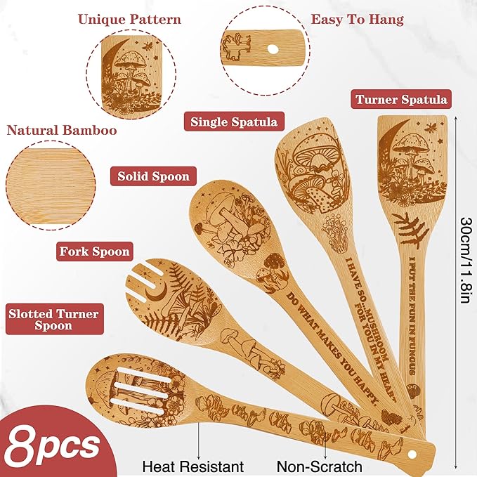Mushroom Kitchen Decor Bamboo Cooking Spoon with Apron Oven Mitt Pot Holder Utensil Set -Mushroom Kitchen Accessories,Home Decorations Gifts for Women-Housewarming,Easter,Birthday Gift,8PCS