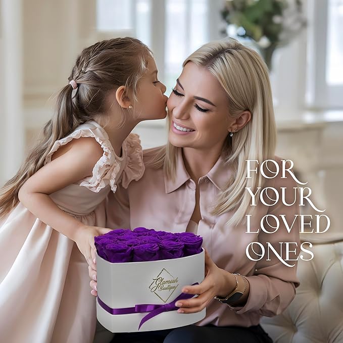 GLAMOUR BOUTIQUE Preserved Roses in a Box - Gifts for Her, Wife & Mom, Rose Flowers Forever Decor for Birthday Gift, Get Well Flower Bouquet Cased in White Box with Cover - Purple - 16 (Color-Treated)