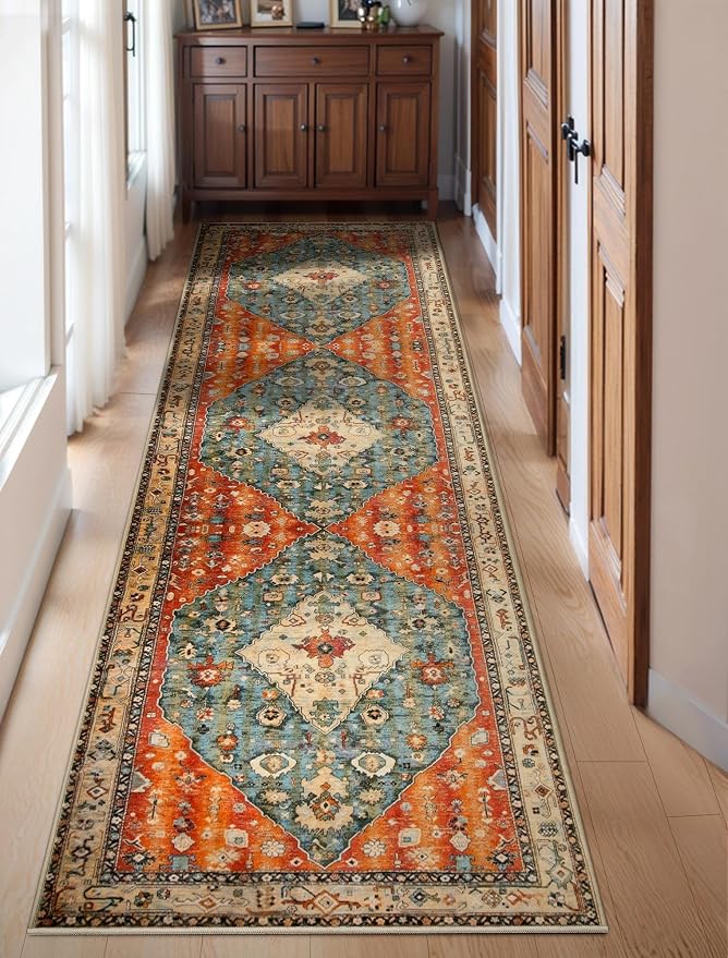 SERISSA Boho Washable Runner Rug, 2'6"x10' Long Non-Slip Tribal Hallway Kitchen Stair Runner Rug Ultra Soft Print Distressed Vintage Floor Carpet for Bedroom Bathroom Laundry Room