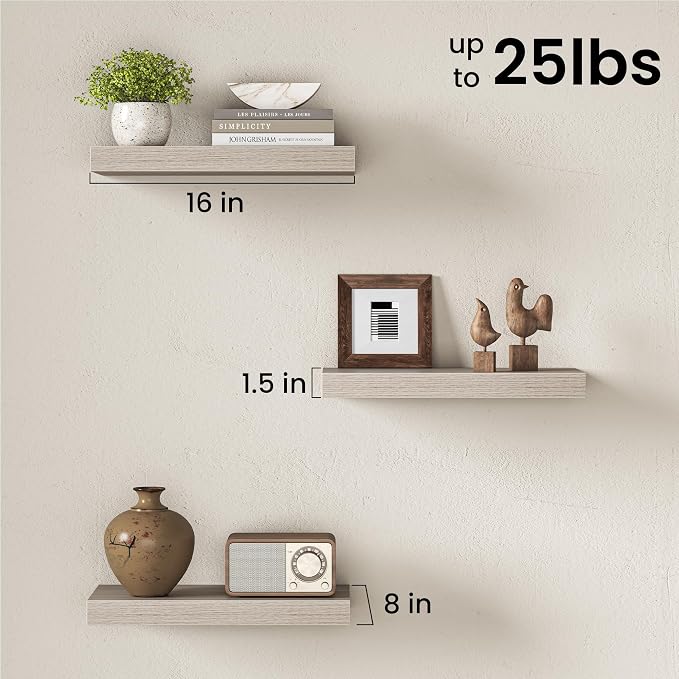 Fun Memories 16 Inch Floating Shelves for Wall, 8 Inch Deep Rustic Wood Wall Mounted Shelves with Invisible Brackets for Bathroom, Bedroom, Kitchen & Living Room Storage Decor, Grey, 2 Pack