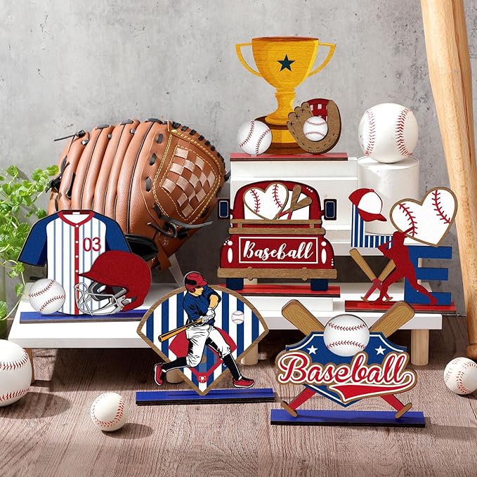 Cinnvoice 6 Pcs Baseball Table Decorations Wooden Table Centerpieces Rustic Wood Tabletop Sign Decorations for Home Kitchen Office Farmhouse Desk Shelves Party Tiered Tray Decor