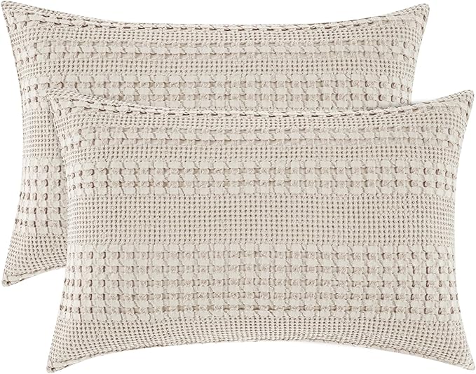 PHF 100% Cotton Waffle Pillow Shams Standard Size, 2 Pack 20" x 26" Soft Skin-Friendly Pillowcases, No Filling, Aesthetic Woven and Breathable Waffle Weave Pillow Case Covers for Bed, Oatmeal