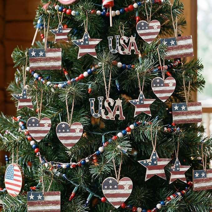 Junkin 24 Pcs 4th of July Wooden Ornaments Vintage Patriotic Tree Decorations Rustic Stars Hearts Flags USA Red White Blue Hanging Ornaments for 250th Anniversary Memorial Independence Day Party Decor