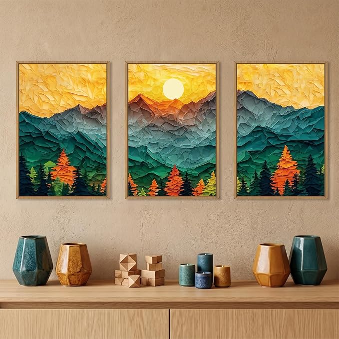 Abstract Mountain Framed Canvas Wall Art Set, Forest Pine Tree Golden Sunset Wall Decor, Mixed Patchwork Landscape Art Print for Living Room, Bedroom, Dining Room, Office - 24"x36"x3