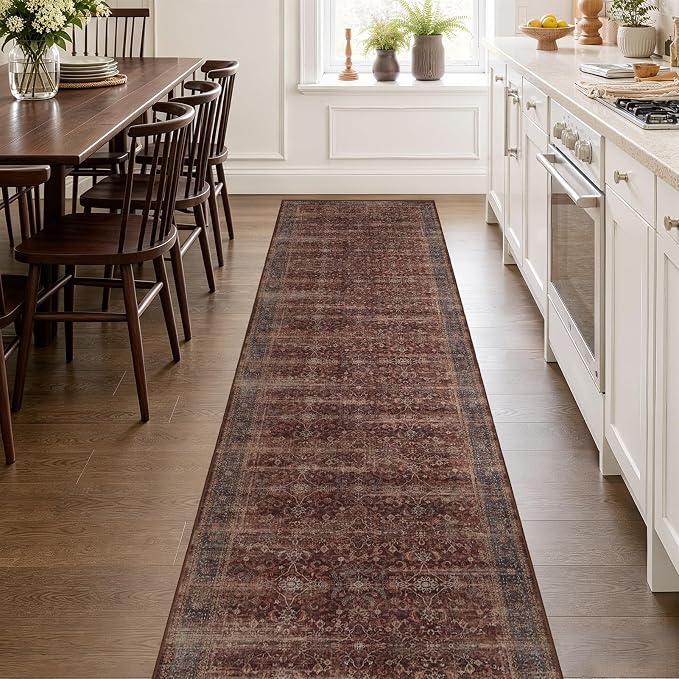 Brick Red 2x10 Rug Runners for Hallways Non Slip, Long Kitchen Runner Rugs Non Skid Washable, Vintage Famrhouse Low Pile Thin Print Carpet Runners for Entryway Corridor Mudroom Foyer
