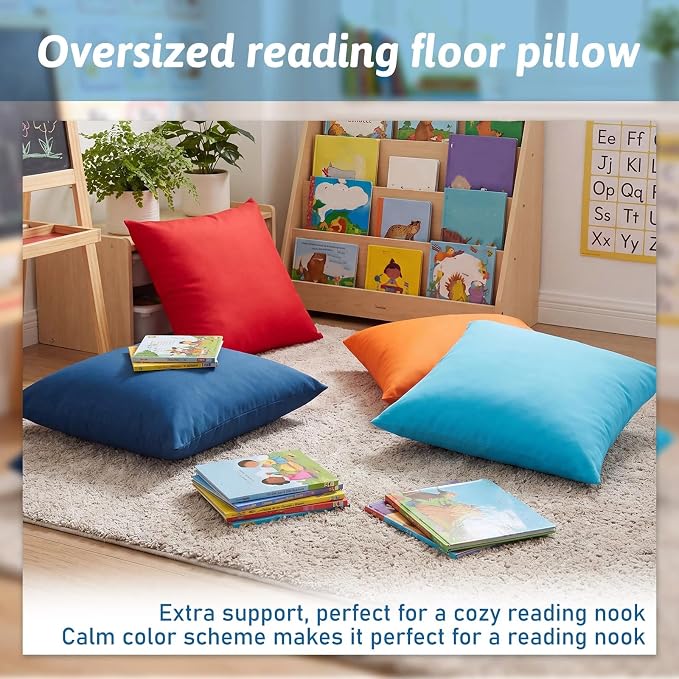 CroBlissful 4 Pieces Extra Large Floor Pillow Set, 27 x 27 x 8 Inch Kids Jumbo Floor Pillows Flexible Seating for Classroom Reading Corner Playrooms Home School, Waterproof(Assorted Colors)