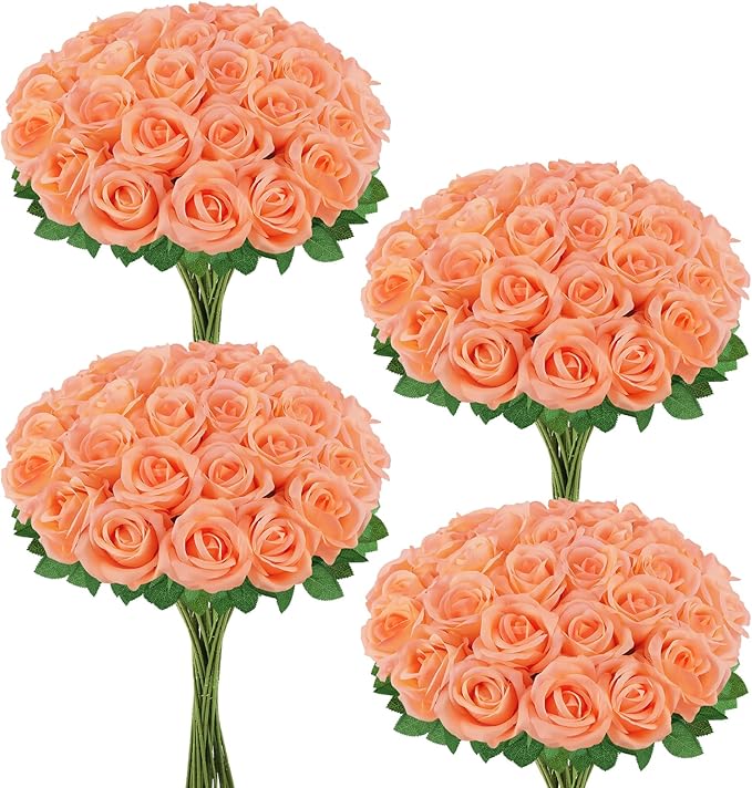 36 Pcs Peach Pink Artificial Roses with Long Stems, Fake Silk Rose Artificial Flowers Bulk for Bridal Wedding Bouquet Centerpiece Ball Arrangement Party Decor