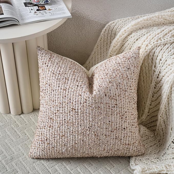 DEZENE Striped Throw Pillow Covers 22x22 Set of 2 Beige Textured Boucle Chic Morden Boho Accent Farmhouse Square Decorative Couch Pillow Covers for Home Decor Bed Sofa Living Room