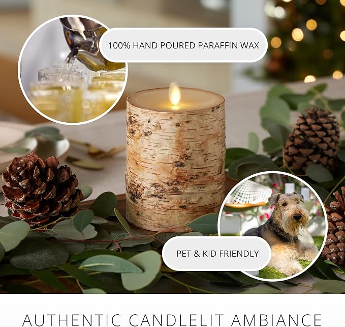 Luminara Real Birch Bark Wrapped Flameless LED Candle, 4" x 5.3", Battery Operated Moving Flame Pillar Light with Timer - Natural Decor Unscented
