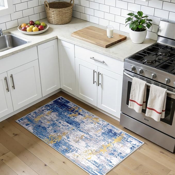 RELEANY Washable Area Rugs 2'x4' Non-Slip Modern Abstract Soft for Living Room Entryway Bedroom Nursery, Print Pattern, Grey Blue Gold/Golden