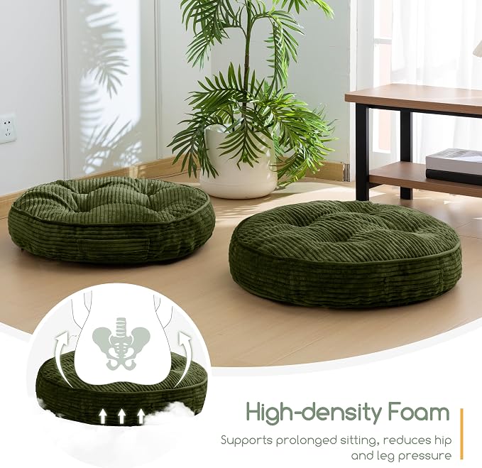 HIGOGOGO Floor Pillow Cushion for Adults, Meditation Cushion Pillow, Large Round Floor Sitting, Tufted Corduroy Cover, for Tatami Living Room or Yoga, 22x22 Inch, 2Pack, Dark Green