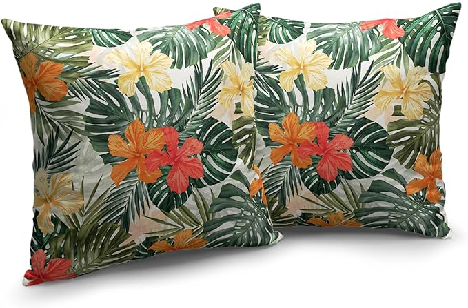 Hawaiian Hibiscus Flower Throw Pillow Covers Summer Tropical Pillow Covers 18x18 Monstera Palm Leaves Decorative Pillow Case Set of 2 for Home Decor Living Room Patio