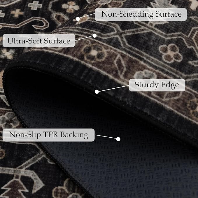 Ruaruarug Washable Area Rug 6x9 for Living Room, Bedroom, Ultra Soft Non Slip Stain & Fade Resistant, Pet & Kids Friendly, Suitable for High Traffic Areas Easy to Clean for Office Kitchen, Black Gold