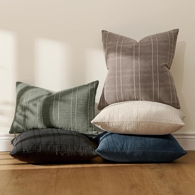 MIULEE Decorative Linen Check Throw Pillow Covers Neutral Farmhouse Vintage Pillow Covers 20x20 Set of 2 Boho Modern Winter Home Decor for Sofa Couch Bedroom Cushion Taupe
