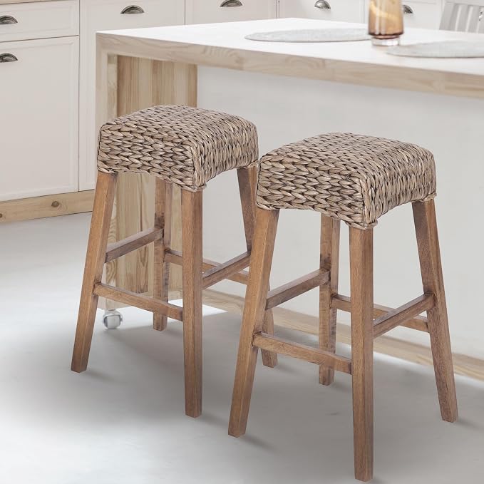 JONATHAN Y Maui Coastal Woven Water Hyacinth Bar Stool, Mango Wood Frame, 30" Backless Barstool for Kitchen Island with Integrated Footrest, Fully Assembled, Coastal, Brown Wash BSL1101A