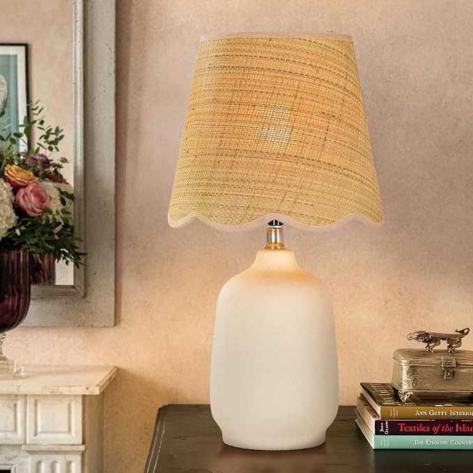 Pia Ricco 19" Modern Ceramic Table Lamp for Living Room Cream Base Desk Lamps for Bedroom Farmhouse Bedside Nightstand Lamp End Table Lamps,Beige,Rattan Shade
