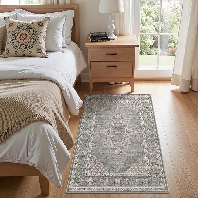 Tortania Area Rug Living Room Rugs - 3x5 Washable Rug Vintage Oriental Distressed Farmhouse Small Thin Indoor Carpet for Living Room Bedroom Under Dining Table Home Office - Green Gray