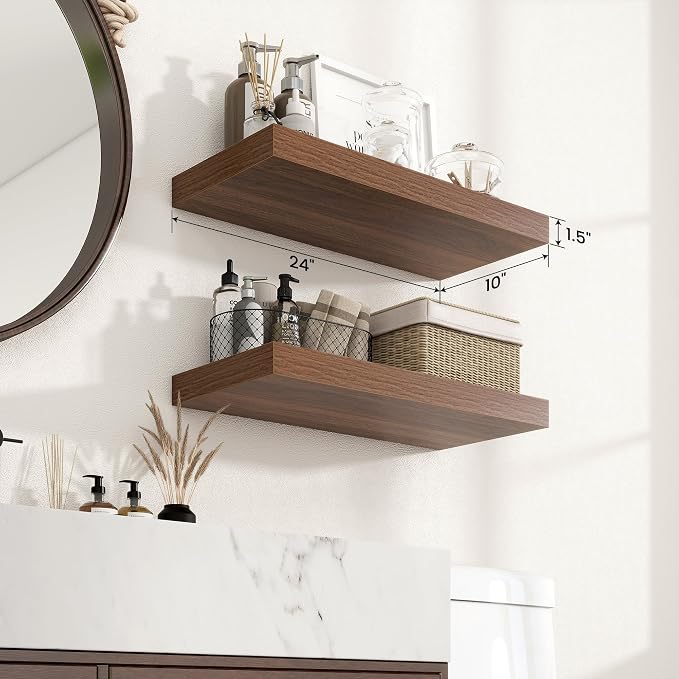 Axeman 24Inch Floating Shelves for Wall, 2 Pack Shelves for Bedroom, Bathroom, Kitchen, Hanging Wall Mounted Rustic Wood Shelf with Invisible Brackets for Books Decor, Walnut
