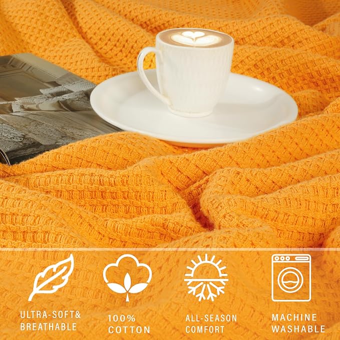 TreeWool Premium 100% Cotton Waffle Queen Blanket (90"x90", Mustard) | Breathable Lightweight Moisture Wicking Soft Knit Thermal Blanket for Summer, Bed or Sofa All-season Comfort Machine Washable