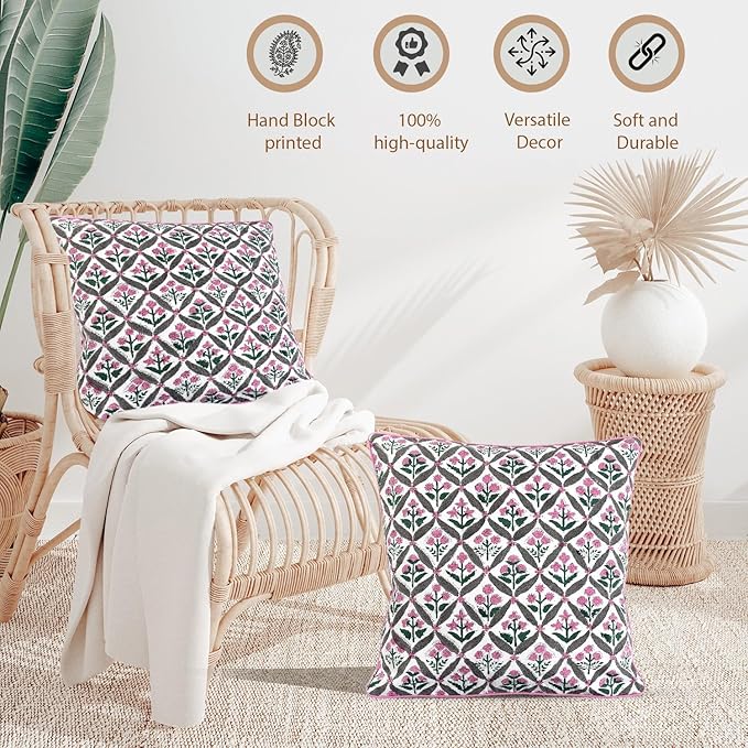 Ridhi Block Print Pink and White Pillow Cover 18" x 18" (Pack of 2) Decorative Couch Pillows for Living Room, Chic Boho Cute Outdoor Pillows Covers Gifts for Spring, Easter and Valentine