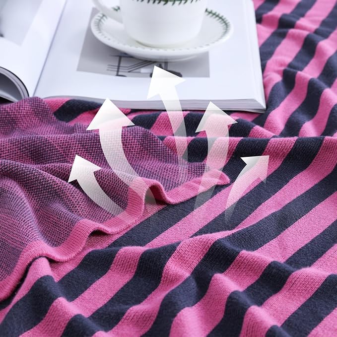 BOV Knit Lightweight Summer Blanket - 100% Viscose Super Soft Breathable Decorative Throw Blanket for Chair Couch Sofa Bed, Perfect Self Care Gifts for Women, Berry & Charcoal Stripe 50"x60"