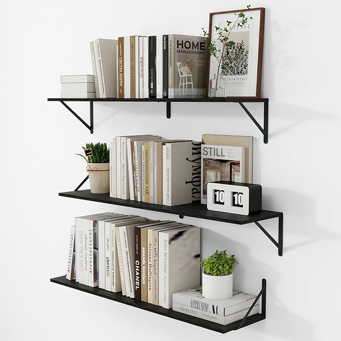 Vivelove Black Deep Floating Shelves for Wall, 36W x 8D Wood Wall Shelves Set of 3, Wide Floating Bookshelf for Living Room, Kitchen, Office, Bedroom and Decor Storage, with Metal Bracket - Black