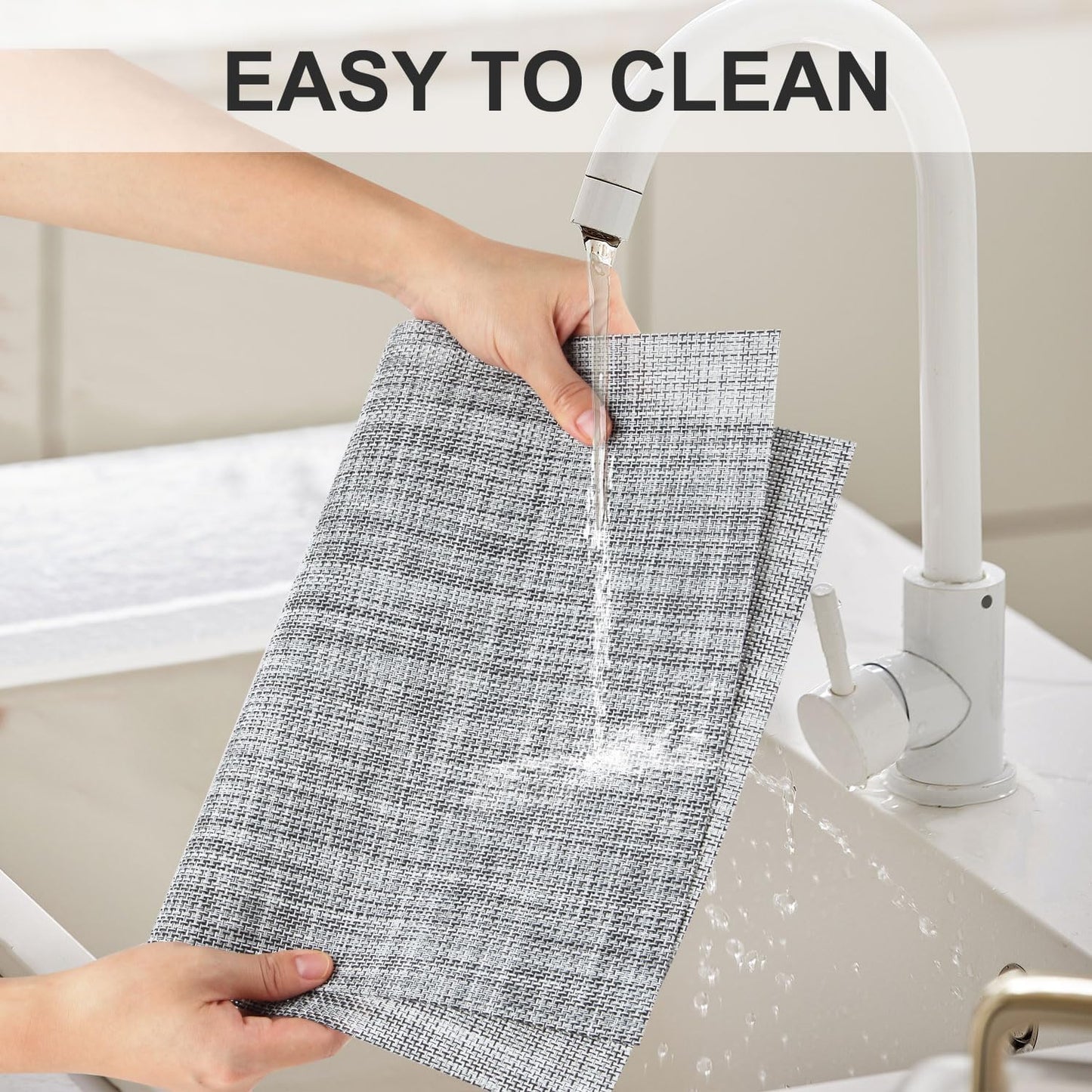 Vinyl Placemats Set of 6, PVC Woven Washable Non-Slip Table Mats, Heat Resistant Wrinkle Free Place Mats for Dining Table, Easy to Clean (6, Light Grey)