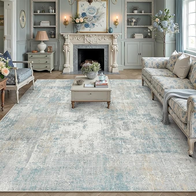 9x12 Washable Area Rug Blue Cream Abstract Non Slip Soft Low Pile Rug for Living Room Bedroom Dining Room Office Neutral Modern Indoor Large Throw Carpet for Home Decor