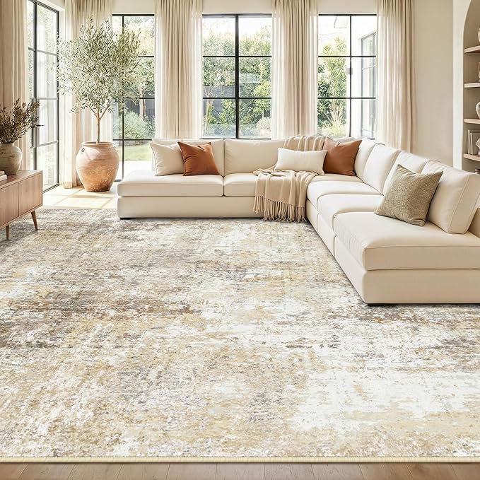 RELEANY Washable Area Rugs 9'x12' Non-Slip Modern Abstract Soft for Living Room Entryway Bedroom Nursery, Print Pattern, Neutral Brown Gray